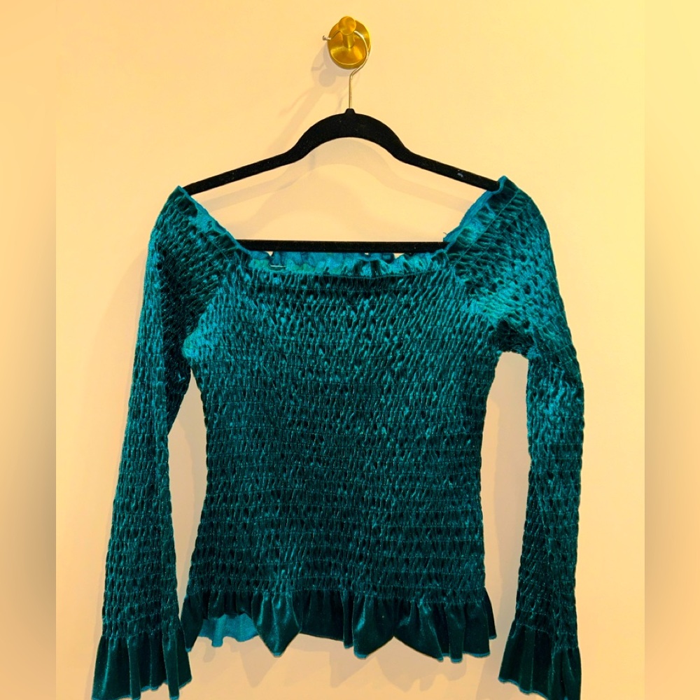 Teal elastic ribbed off the shoulder top size S